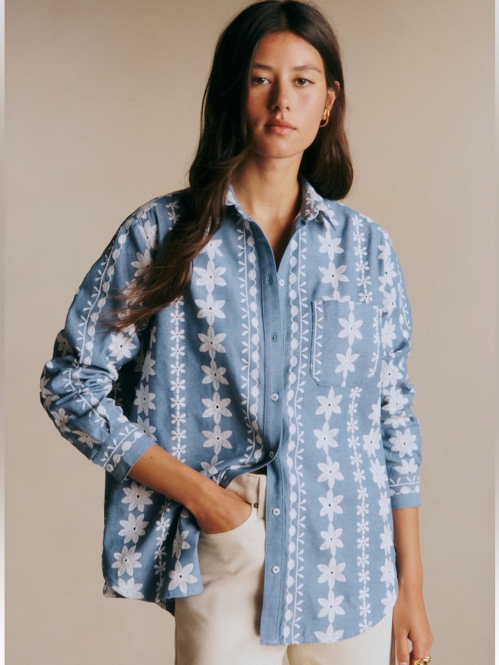 Sezane Max Shirt - Blue with Ecru Floral Frieze - Sz 4